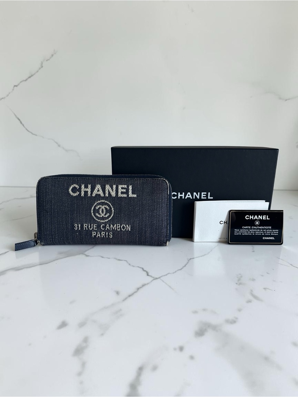 ✨ Authentic Chanel Deauville Long Wallet – Navy Denim | Full Set | 21-Series ✨